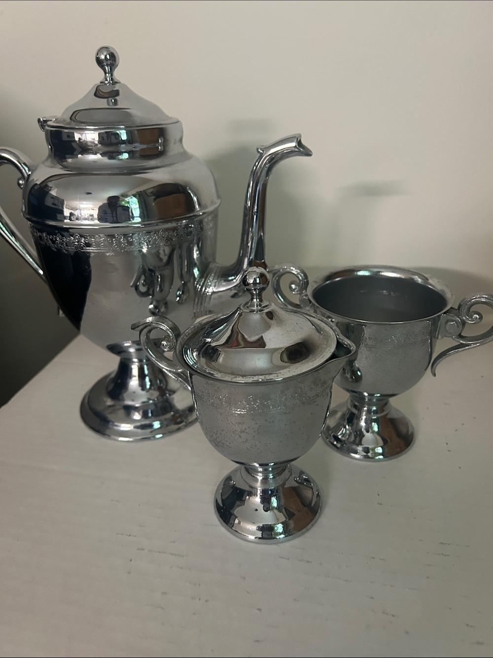 Silver Tone Decorative Coffee/Tea Set - 3 Piece